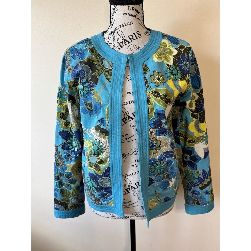 Chico’s 0 XS Turquoise Floral Embroidered Jacket Gold Metallic